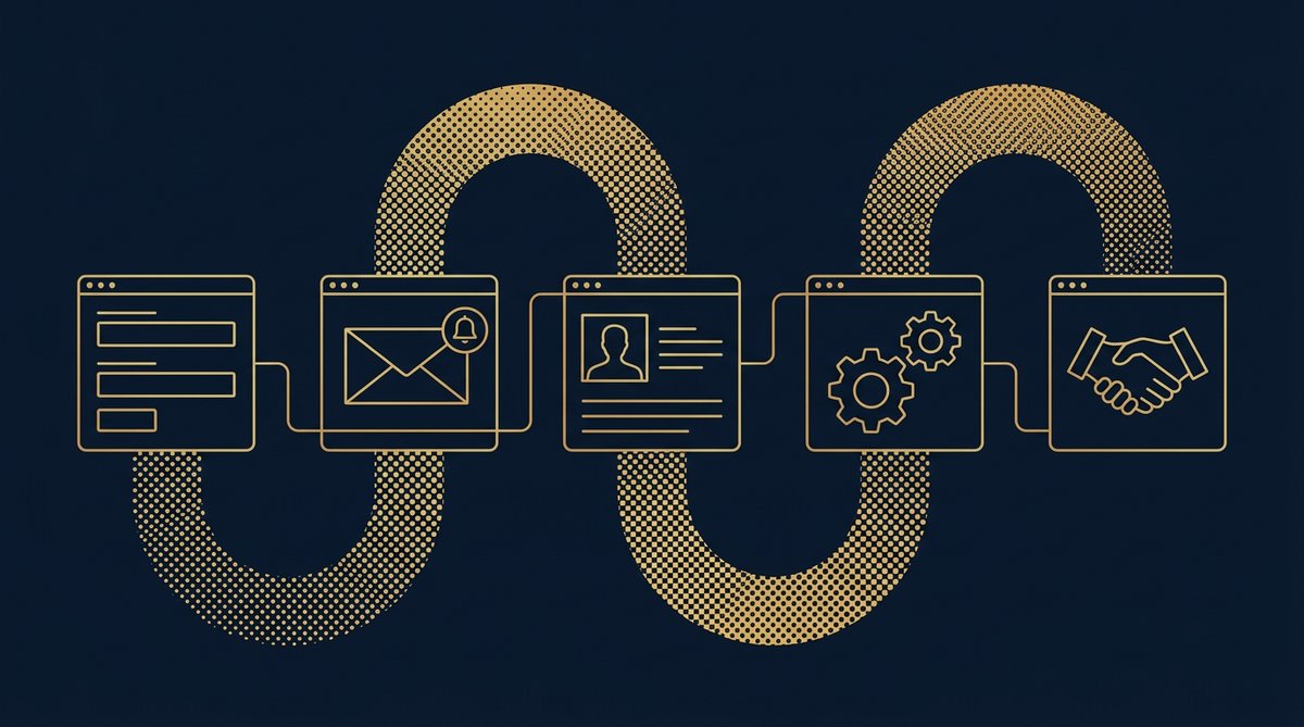 Workflow pipeline connecting lead form, email, contact card, gears, and handshake