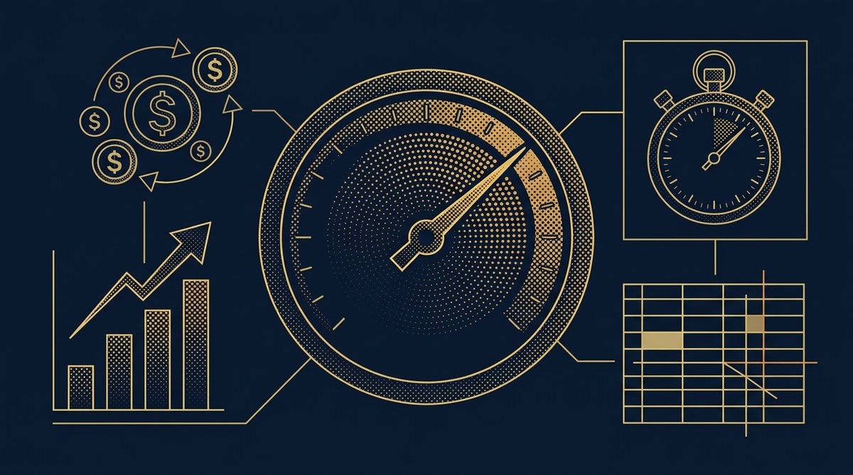 Speedometer gauge with bar chart, coin flow, and spreadsheet panels