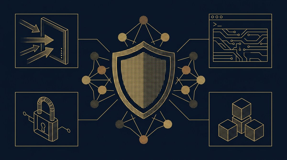 Cybersecurity shield with neural network nodes and attack vector panels
