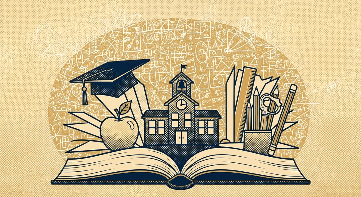 Education AI automation - halftone book icon with student analytics dashboards representing 50% workload reduction