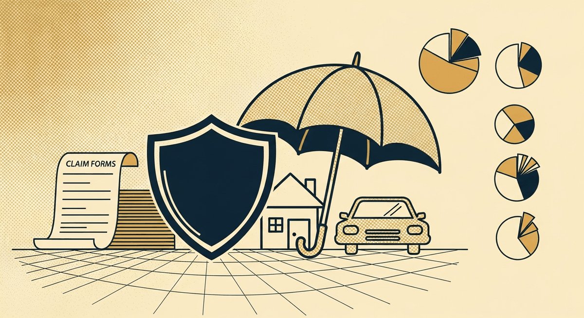 Insurance AI automation - halftone shield icon with claims processing dashboards representing 65% faster processing