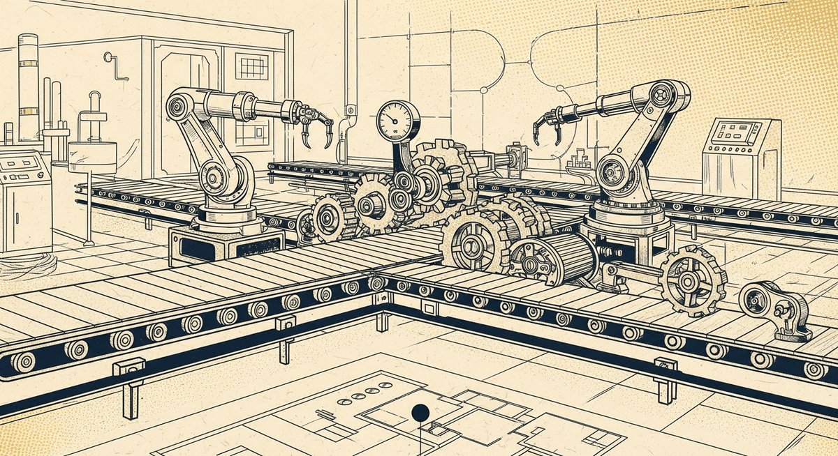 Manufacturing AI automation - halftone gear icon with predictive maintenance dashboards representing 28% downtime reduction