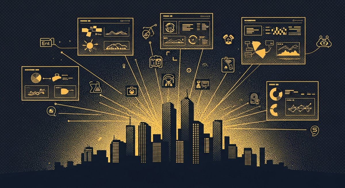 Smart city AI operations - halftone skyline with IoT and citizen service dashboards representing 60% cost reduction
